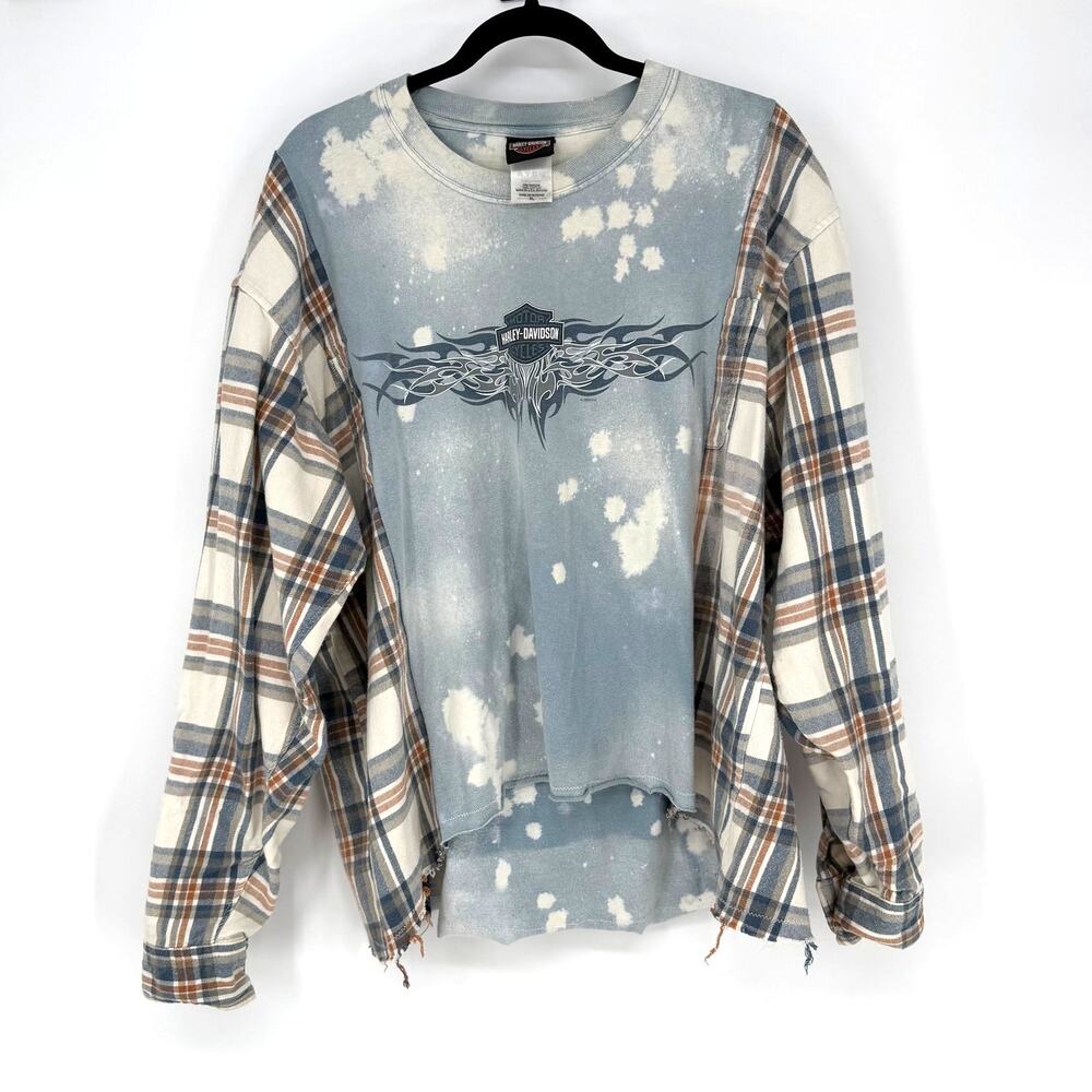 Harley Davidson Graphic Tee Flannel Upcycled Shirt XL Bleach Dye Handmade